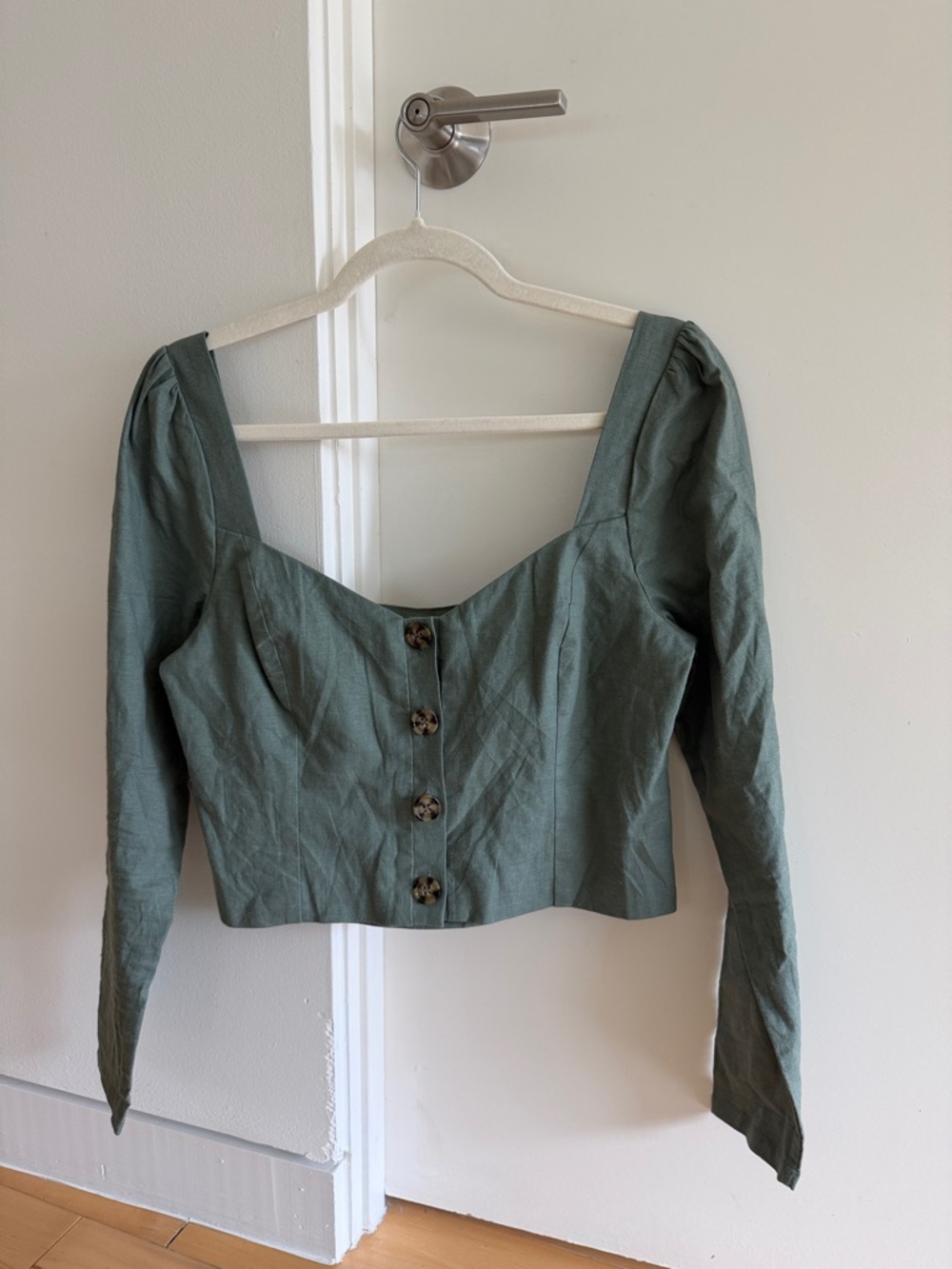 Privacy Please Sage Green Button-Front Puff Sleeve Crop Top